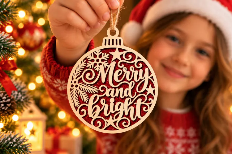 Merry & Bright Bauble Laser Cut Wood File, Christmas SVG