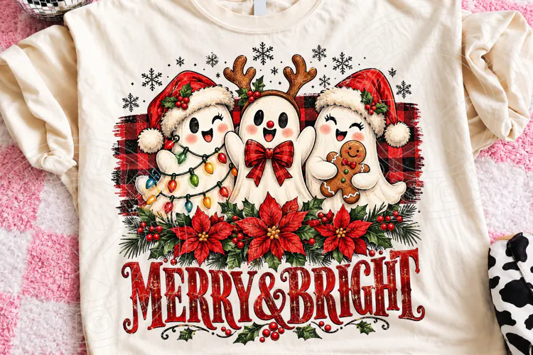 Merry & Bright Christmas Ghosts Cute Holiday Trio PNG