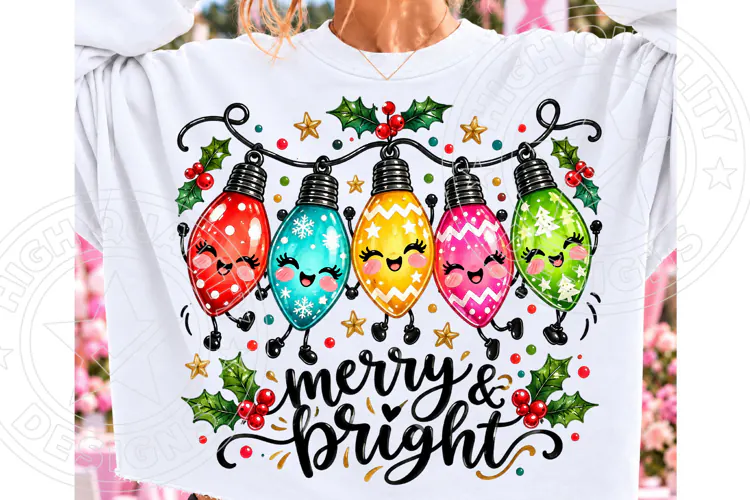 Merry & Bright Christmas Lights PNG | Cute Kawaii Christmas
