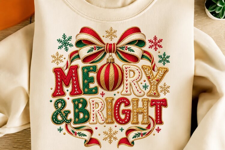 Merry & Bright Christmas PNG, Vintage Bow & Ornament Png example image 1
