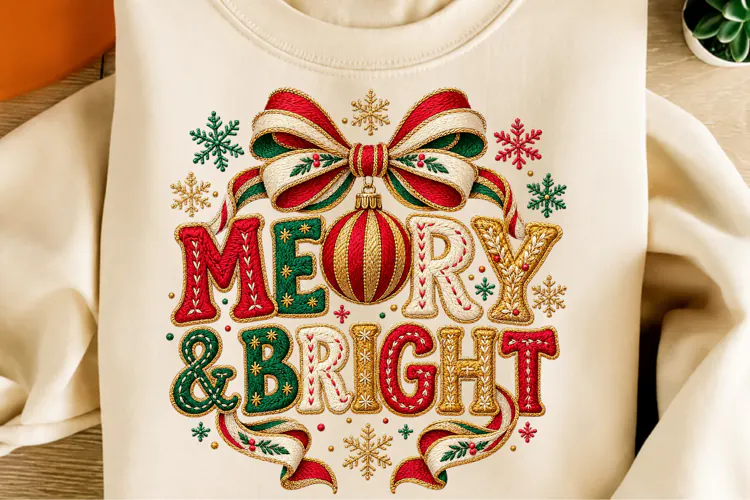 Merry & Bright Christmas PNG, Vintage Bow & Ornament Png