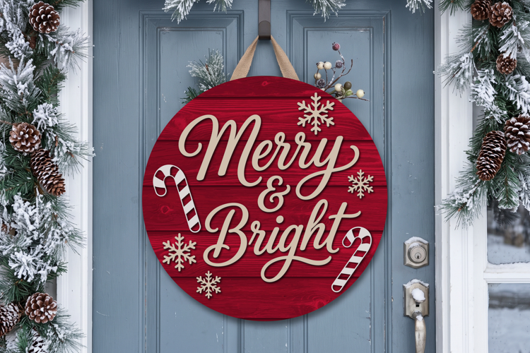 Merry & Bright Door Hanger SVG, Christmas Round Sign