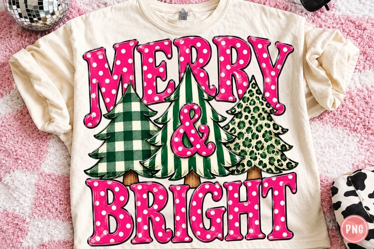 Pink Merry and Bright Christmas PNG, Buffalo Plaid example image 1