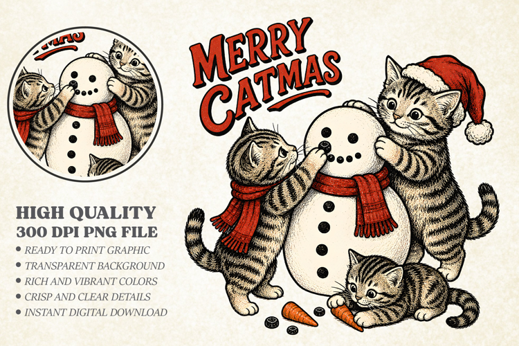 Merry Catmas Kittens and Snowman PNG - Cute Holiday Cat Desi
