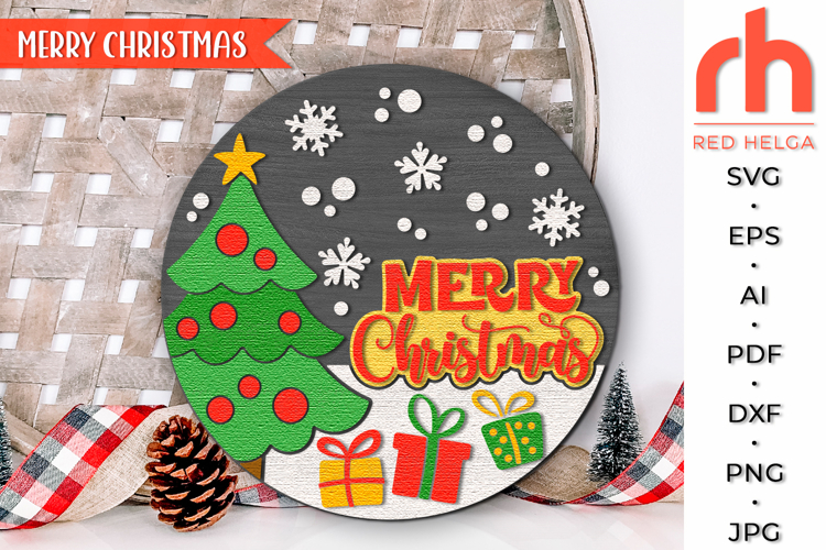 Merry Christmas SVG, Xmas Tree Cut File, Winter Door Sign