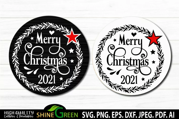 Merry Christmas 2021 Ornament SVG Round - Floral Wreath