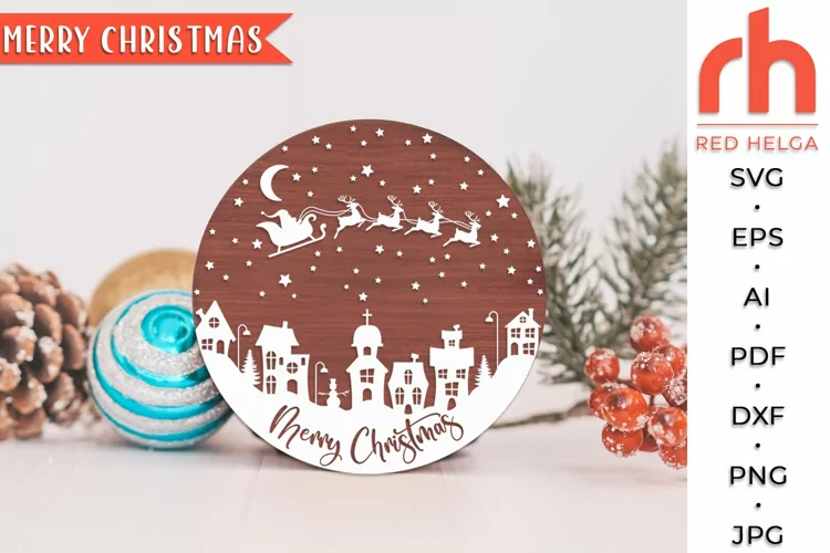 Merry Christmas SVG, Snowy Village Cut File, Xmas Door Sign
