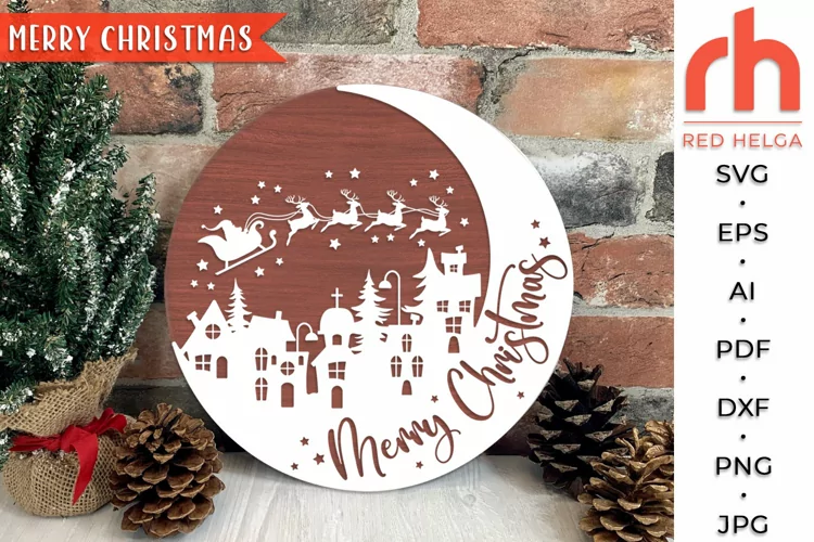 Merry Christmas SVG, Snowy Village Cut File, Moon Scene DXF