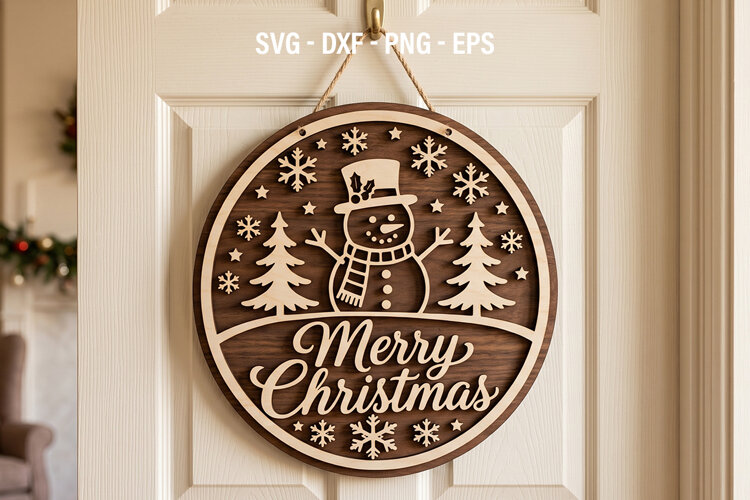 Christmas Door Sign SVG, Merry Christmas & Welcome Round example image 1
