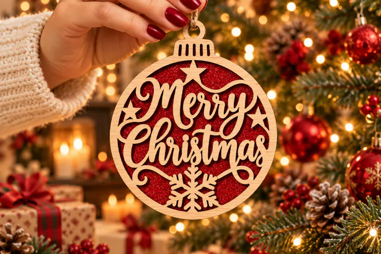 Merry Christmas Bauble Laser Cut Wood File, Christmas SVG