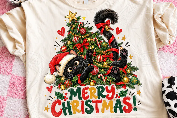 Merry Christmas Black Cat PNG, Funny Kitty Playing in Decora