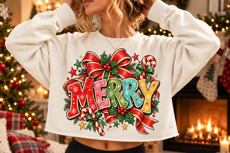 Merry Christmas Bow PNG, Colorful Holiday Shirt Design