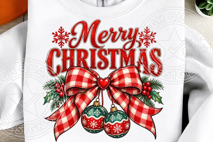 Merry Christmas Buffalo Plaid Bow PNG example image 1