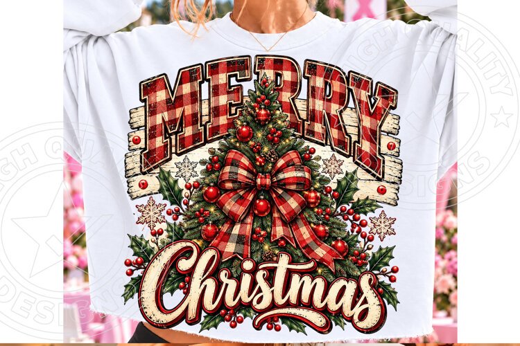 Merry Christmas Buffalo Plaid Rustic Christmas Tree Bow PNG example image 1