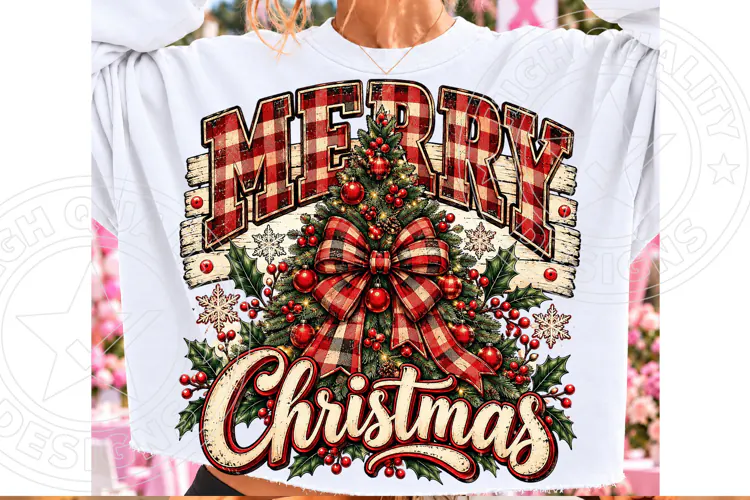 Merry Christmas Buffalo Plaid Rustic Christmas Tree Bow PNG