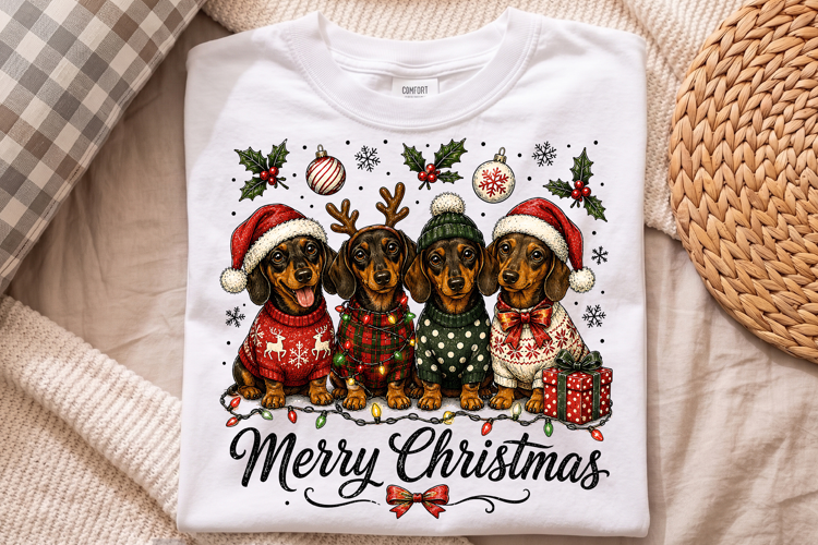 Merry Christmas Dachshund Dog Winter Bow PNG, Holiday
