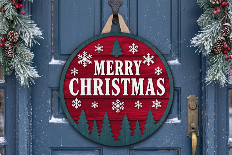 Merry Christmas Door Hanger SVG, Christmas Tree Round Sign