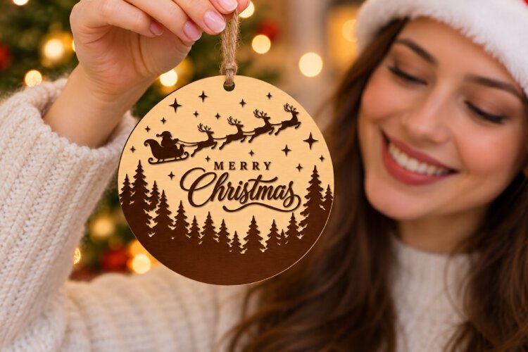 Merry Christmas Forest Bauble SVG, Layered Laser Cut Wood example image 1