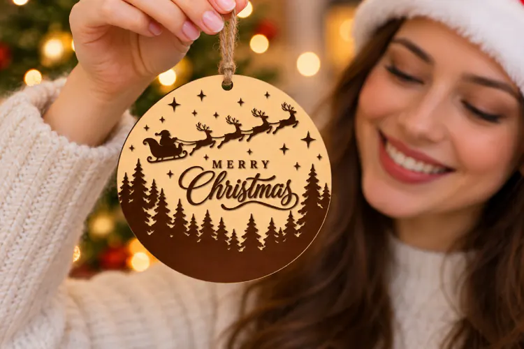 Merry Christmas Forest Bauble SVG, Layered Laser Cut Wood