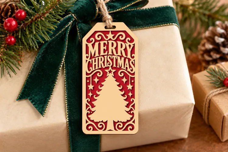 Merry Christmas Gift Tag SVG, Laser Cut Christmas Tree