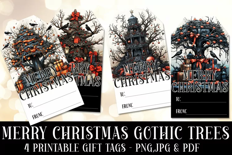 Merry Christmas Gothic Trees Gift Tags & Sheet, Printable