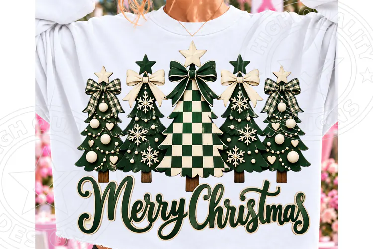 Merry Christmas Green Buffalo Plaid Christmas Trees PNG