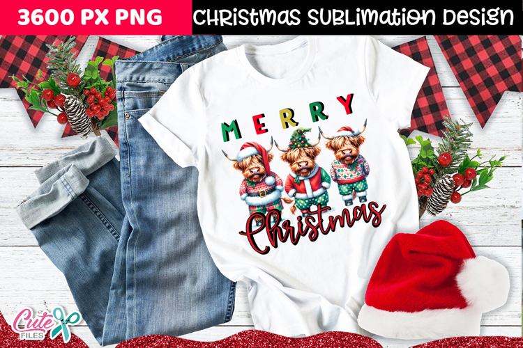Merry Christmas highland cow Sublimation Design