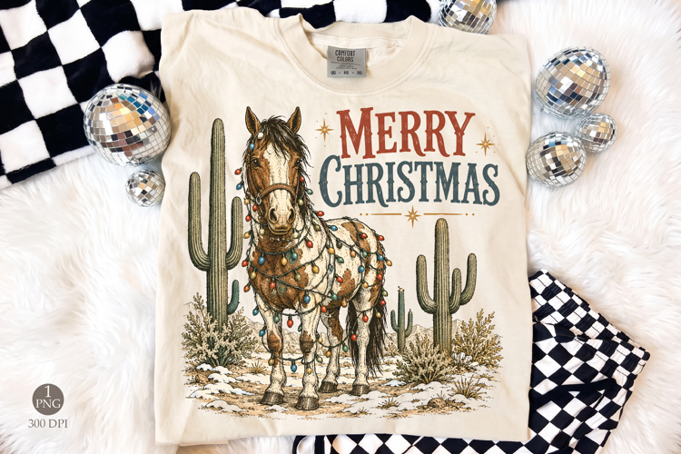 Merry Christmas Horse PNG, Retro Desert Winter Shirt Design