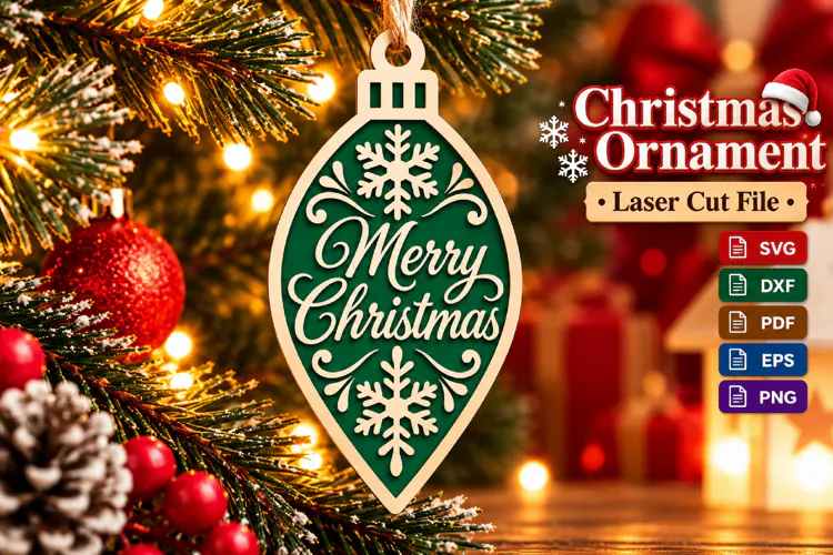 Merry Christmas Ornament SVG, Green Laser Cut Bauble File
