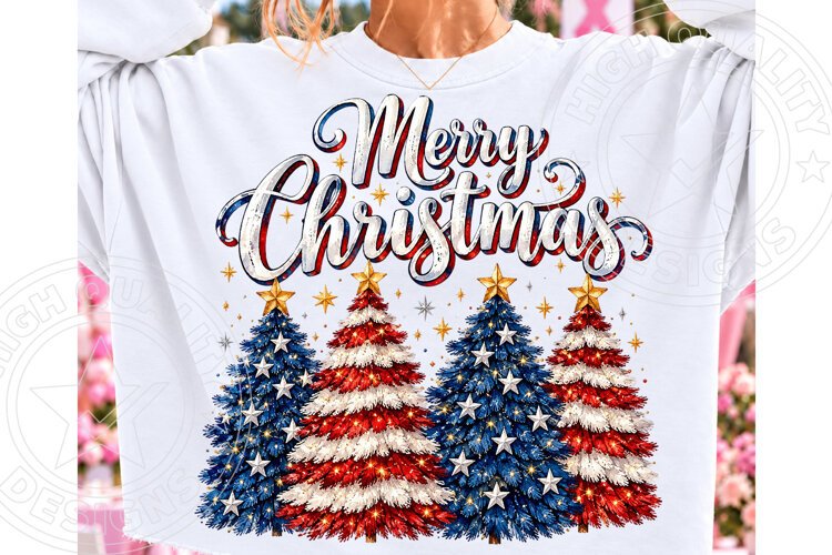 Merry Christmas Patriotic Trees PNG | Red White & Blue Subli example image 1