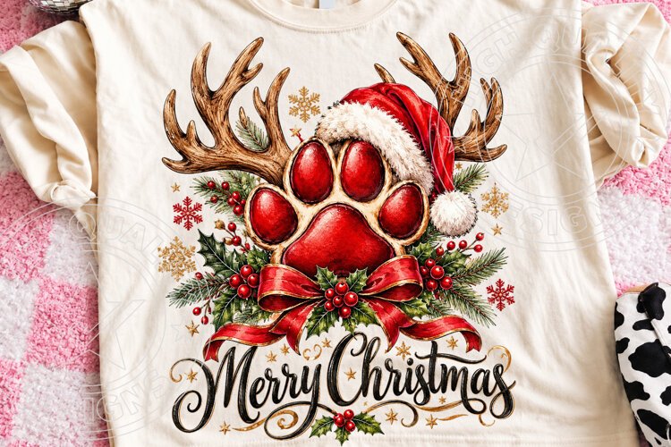 Merry Christmas Paw Print Reindeer Santa Hat Pet Lover PNG example image 1