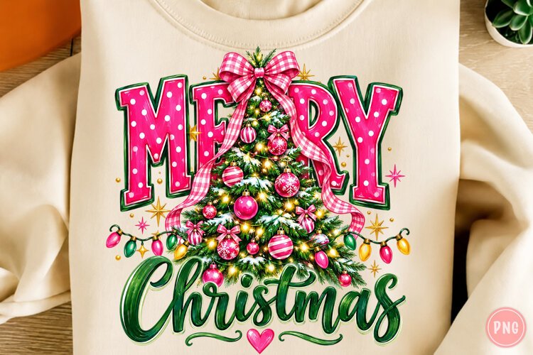 Merry Christmas Pink Bow Tree PNG, Christmas PNG example image 1