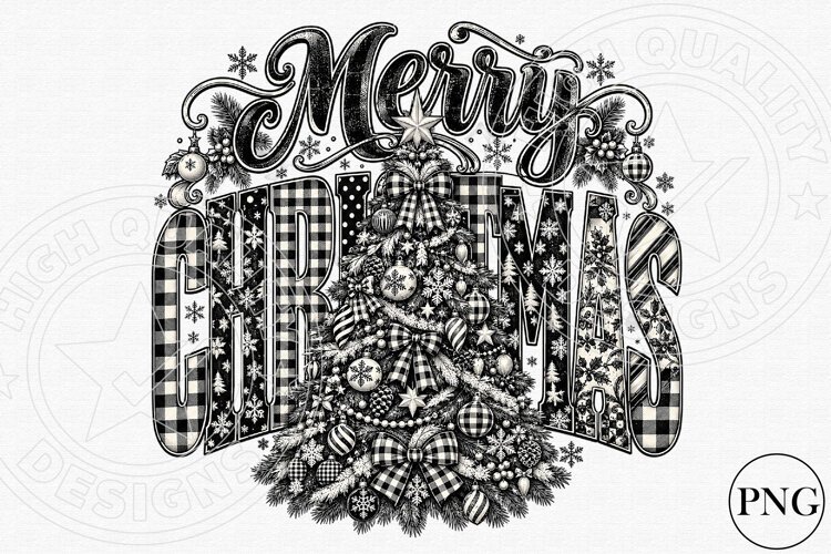 Merry Christmas Plaid Tree PNG | Black & White Vintage Chris example image 1