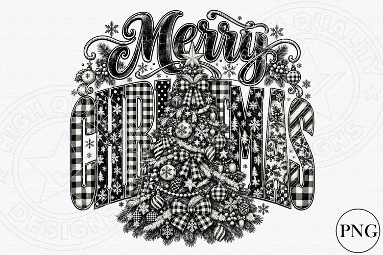 Merry Christmas Plaid Tree PNG | Black & White Vintage Chris
