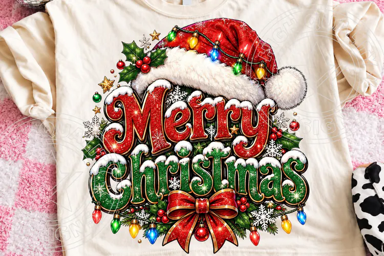 Merry Christmas Santa Hat & Christmas Lights Vintage Holiday