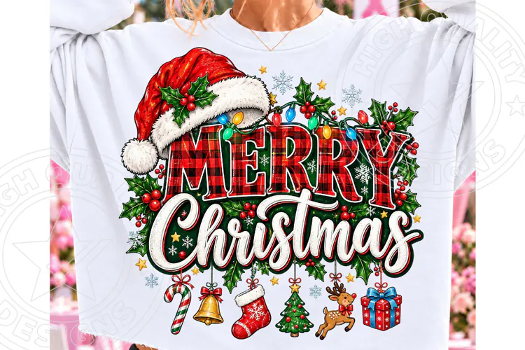 Merry Christmas PNG, Buffalo Plaid Holiday Typography with S