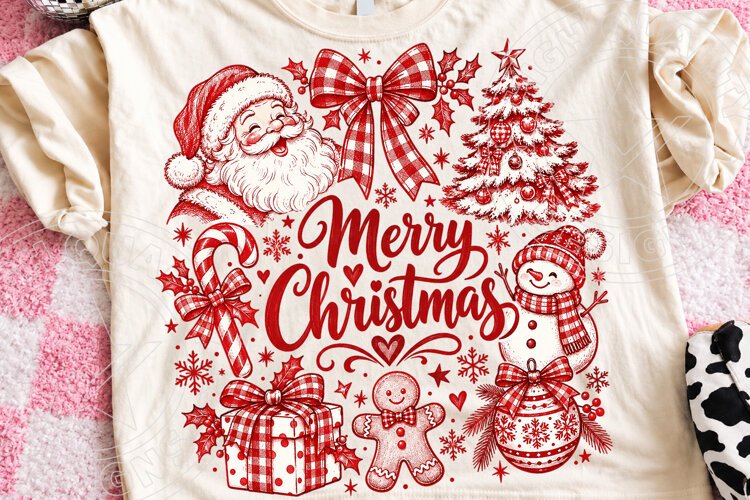 Merry Christmas Vintage Sublimation PNG, Red Santa Snowman G example image 1