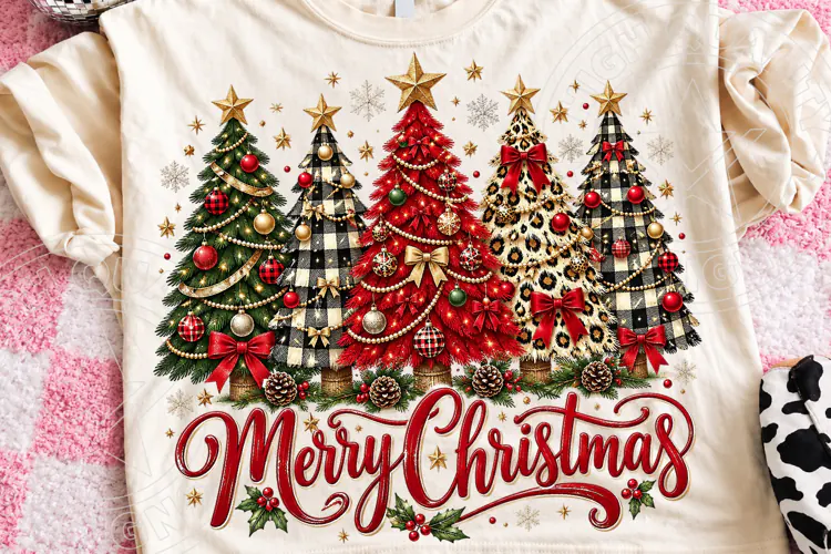 Merry Christmas Sublimation PNG, Five Festive Christmas Tree