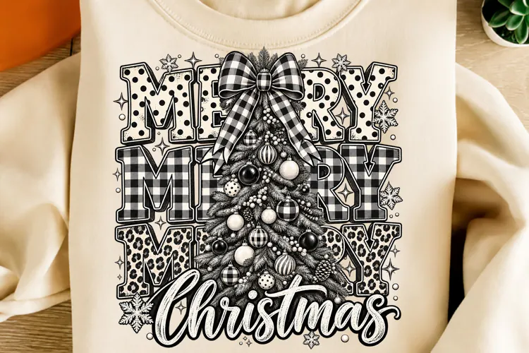 Merry Christmas Leopard Buffalo Plaid PNG | Black & White