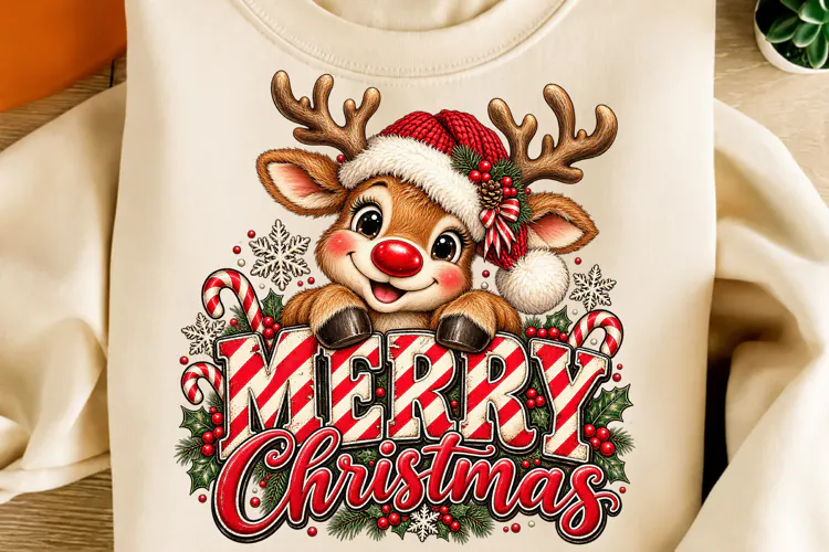 Merry Christmas Reindeer PNG | Cute Santa Hat & Candy Cane