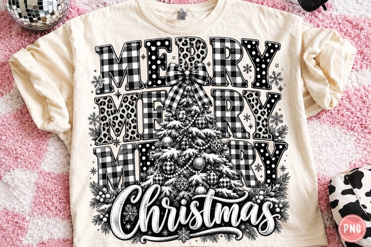Merry Christmas PNG, Black White Preppy Christmas Tree example image 1