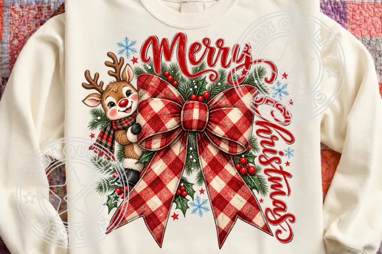 Merry Christmas PNG, Reindeer Bow Holiday Sublimation