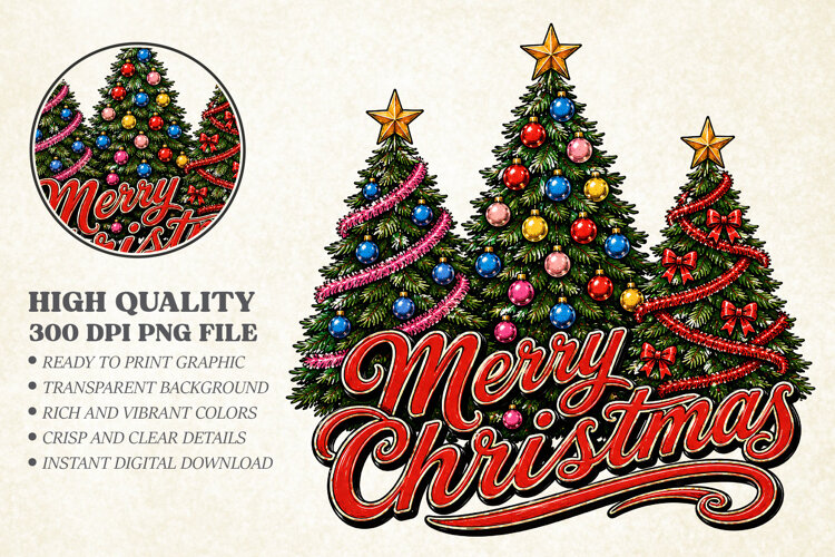 Merry Christmas PNG, Retro Christmas Tree Sublimation Design example image 1