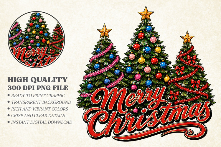 Merry Christmas PNG, Retro Christmas Tree Sublimation Design