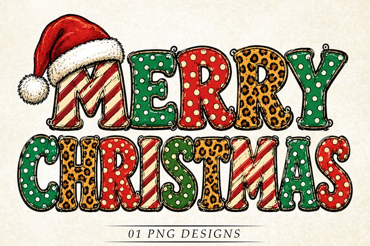 Merry Christmas PNG, Retro Patterned Holiday Lettering
