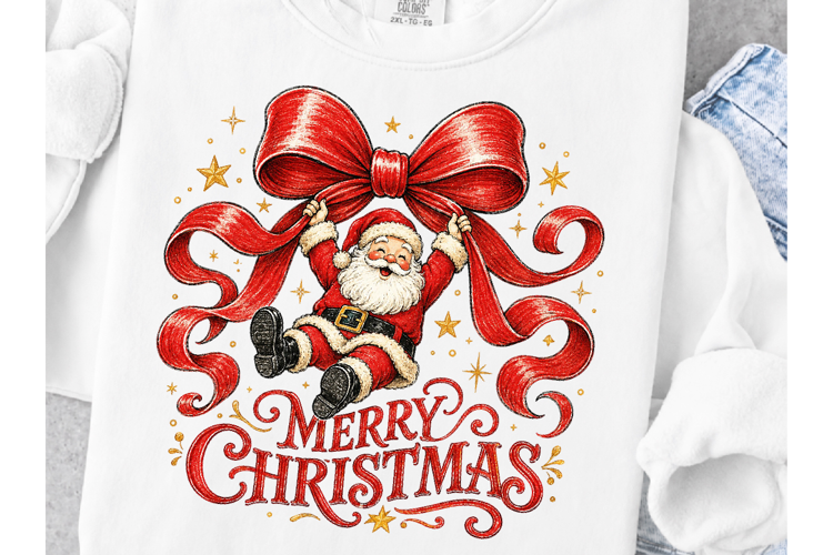 Merry Christmas PNG, Santa on Red Bow Holiday Design,