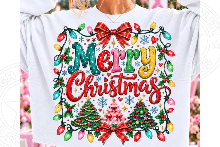 Merry Christmas PNG with Colorful Letters, Christmas Lights