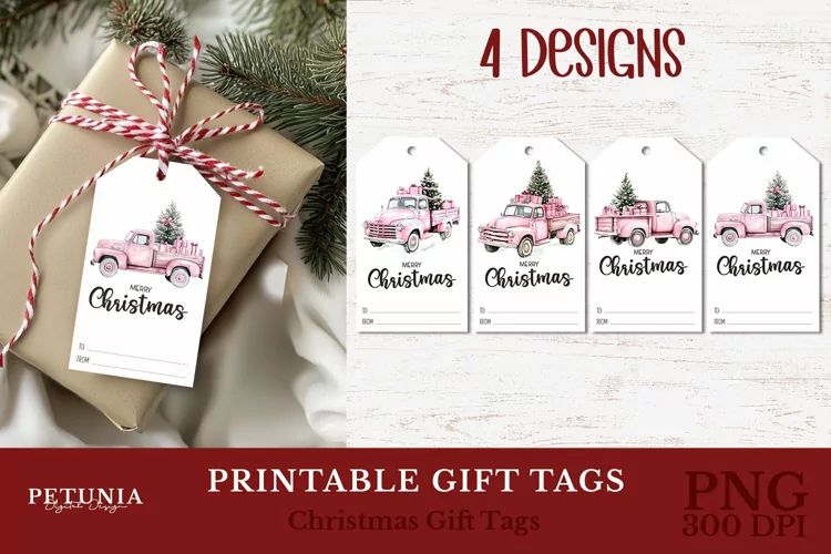 Pink Vintage Truck Gift Tags | Printable Christmas Gift Tags