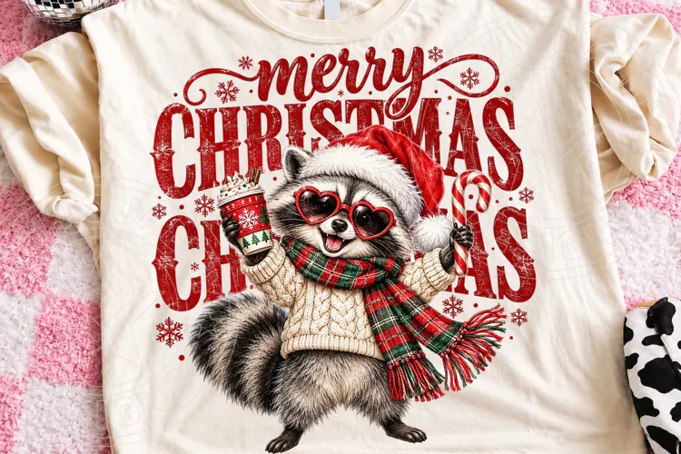 Merry Christmas Raccoon Cute Santa Hat & Christmas Coffee PN