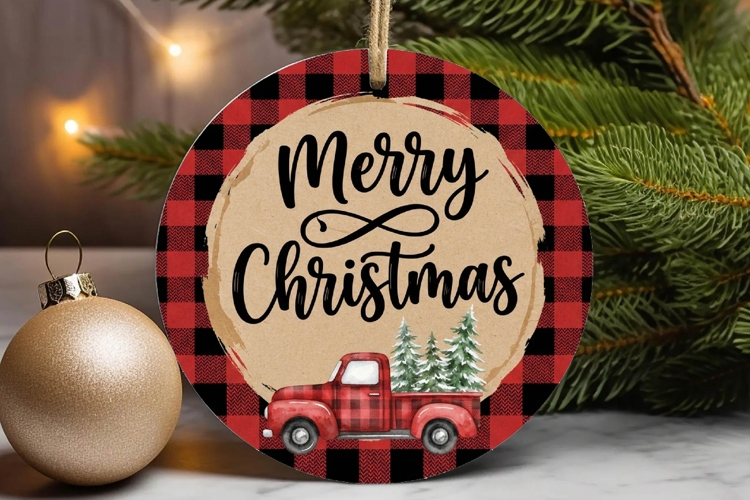Merry Christmas Red Truck Plaid Ornament example image 1
